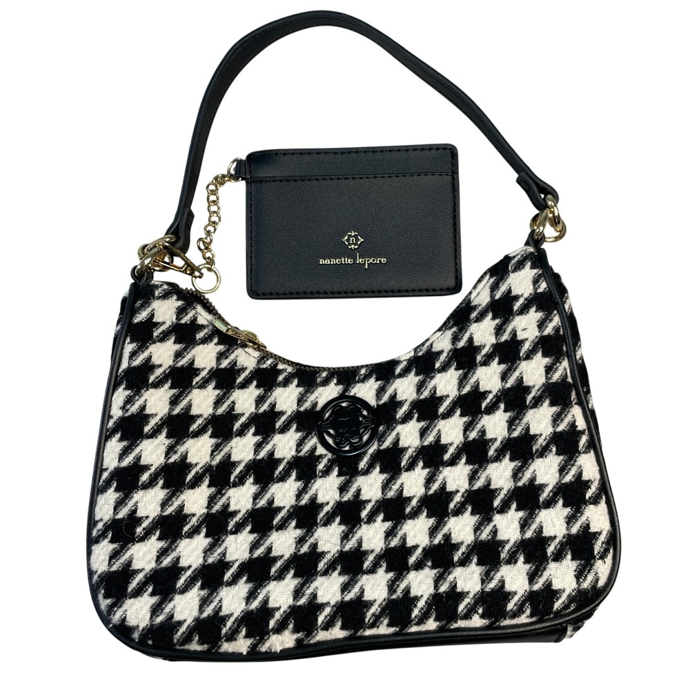 Nanette Lepore Hobo Shoulder Bag Women Small Black Houndstooth Tweed Card Holder
